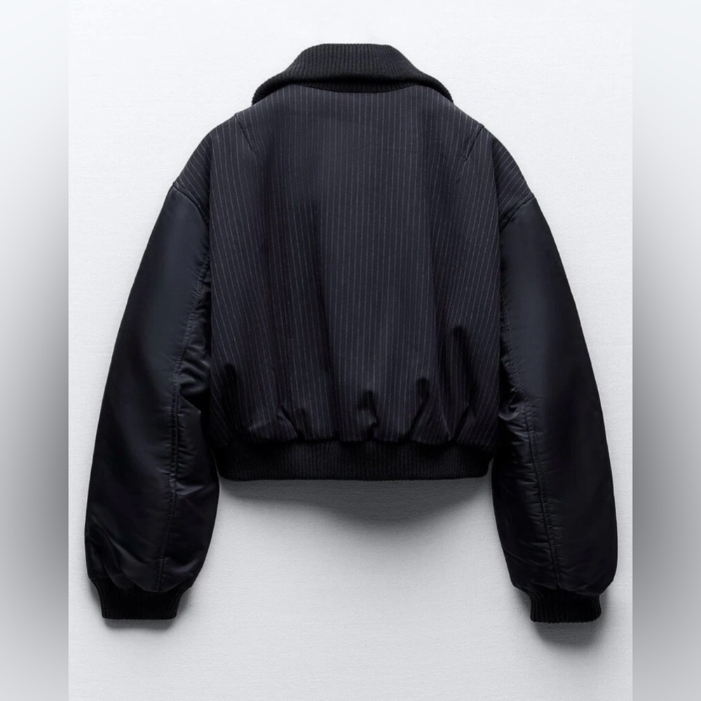 Zara Navy Pinstripe Bomber Jacket W/ Multiple Silver Zippers.  Size XS.  NWOT. - Picture 4 of 13